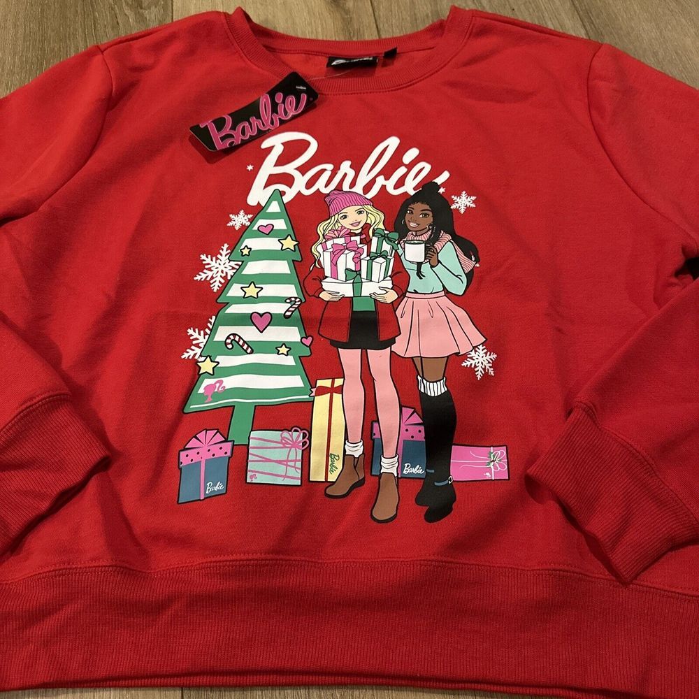 Barbie Juniors Holiday Crew Neck Crop Sweatshirt Red Medium NWT
